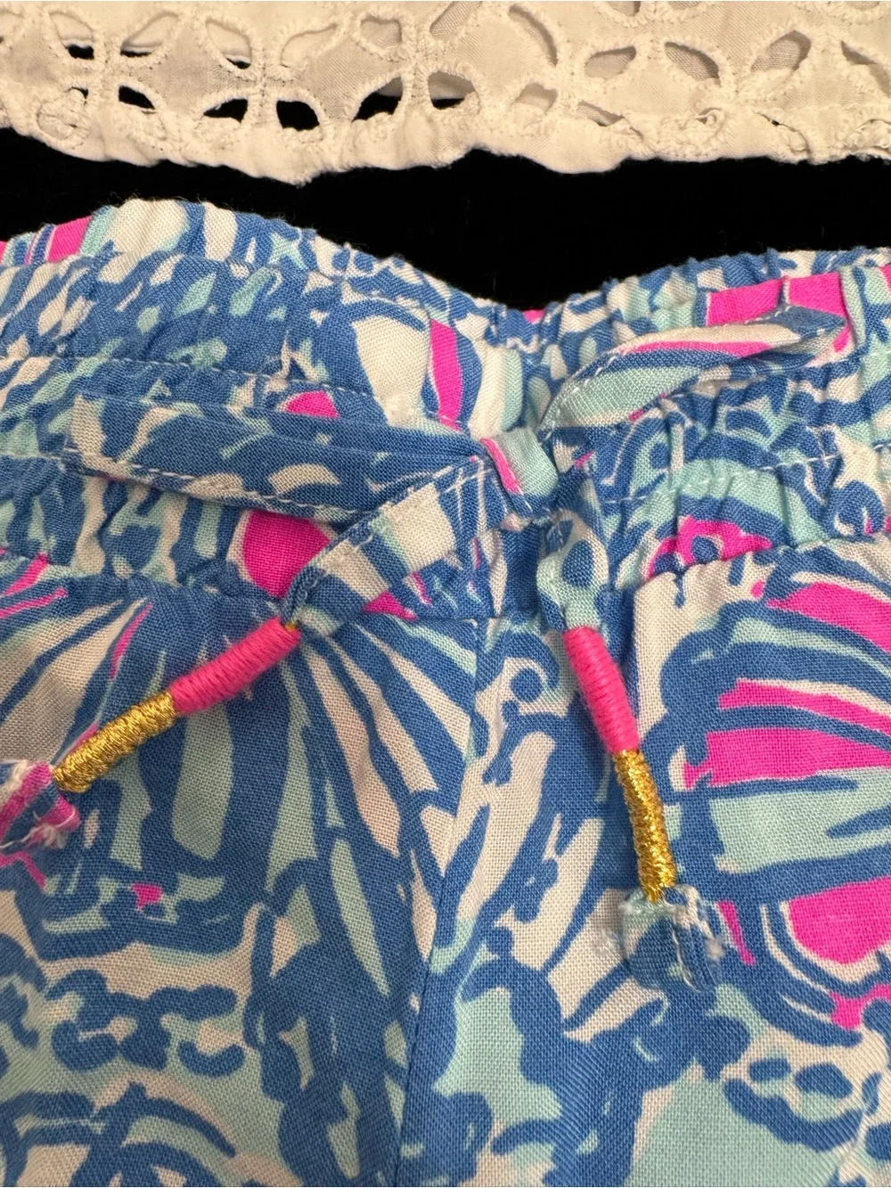 Lilly Pulitzer White Eyelet Tank with Blue & Pink Abstract Athletic Shorts